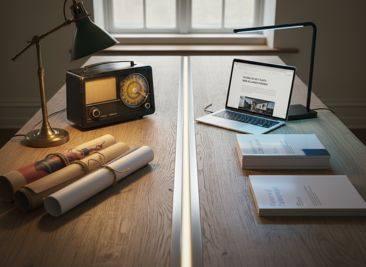 A heavy oak table is divided down the center by a narrow metal inlay line, symbolizing a timeline. On the left side, there are vintage artifacts: a crackled black radio, a stack of propaganda posters rolled and tied with twine, and a tarnished brass desk lamp. On the right, sleek modern objects: a thin laptop showing a political news site, a stack of glossy policy reports, and a minimalist LED desk lamp. Soft overcast window light from the left mixes with cooler artificial light from the right, subtly emphasizing the temporal divide. The mood is analytical and slightly tense. Photographic realism, shot from a slightly elevated angle with medium depth of field, highlighting the contrast between authoritarian communication tools of the past and today’s media landscape.