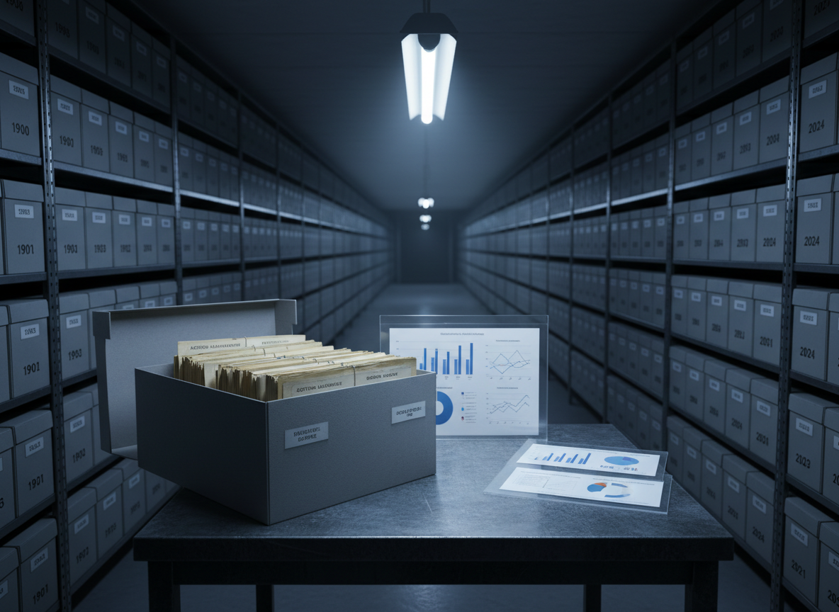 A dimly lit archival room with long metal shelves stretching into the distance, filled with uniform gray document boxes labeled with years from 1900 to the present. In the foreground, one box is pulled out and open on a steel table, revealing neatly stacked files labeled with names of early-20th-century regimes. Beside it rests a transparent acrylic folder containing printouts of contemporary political data and charts. A single overhead fluorescent light casts a cool, clinical glow, creating sharp shadows and emphasizing the textures of cardboard, paper, and metal. The mood is serious and forensic, suggesting deep investigation. Photographic realism, shot with a vanishing-point composition down the aisle, drawing the eye from the focused foreground documents to the receding shelves of untapped historical evidence.