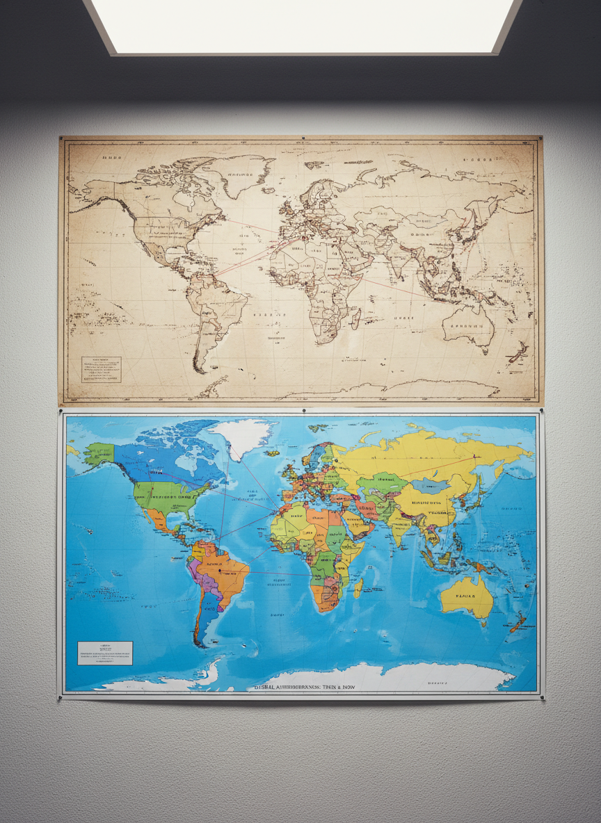 A meticulously detailed world map divided into two horizontal halves hangs on a neutral wall. The upper half shows a faded, sepia-toned map labeled with early-20th-century borders and capital cities, while the lower half presents a vivid, full-color modern political map with updated boundaries and symbols. Thin red strings and tiny metal pins connect specific regions across time, creating a web of comparisons. Overhead, cool diffused studio lighting evenly illuminates the map, revealing paper grain and pin shadows. The mood is investigative and scholarly. Photographic realism, captured straight-on with sharp focus across the entire frame, creating a clean, documentary-style composition ideal for a political history website about parallels between dictatorships then and now.