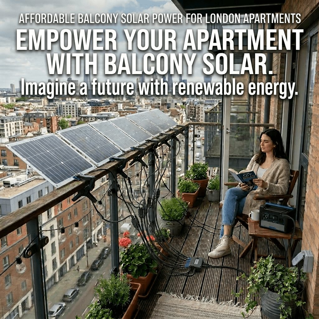 Solar panels installed on balcony railing powering a portable device as a woman reads